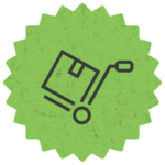 An outline style icon depicting a box being moved using a furniture dolly, on top of a decorative green background.
