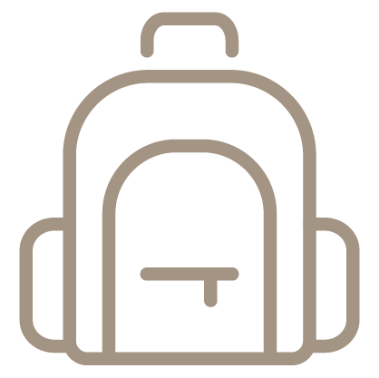 An outline style icon depicting a backpack