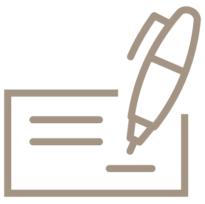 An outline style icon depicting a pen signing a cheque