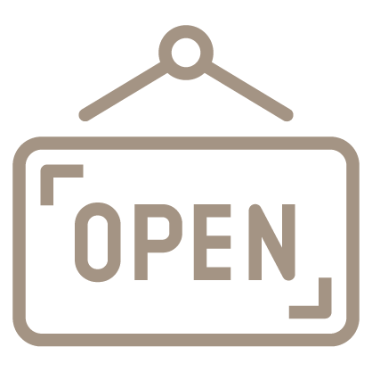 An outline style icon depicting an "open" sign that would be on the door of a business