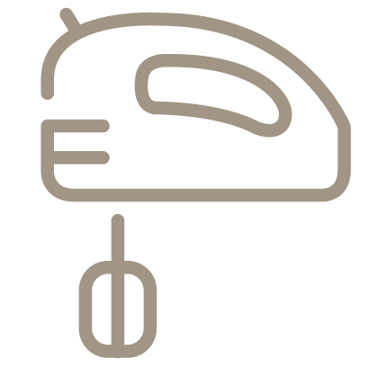 An outline style icon depicting a hand mixer used for blending baking ingredients