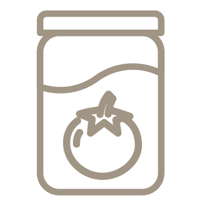 An outline style icon depicting a jar with a tomato on the label