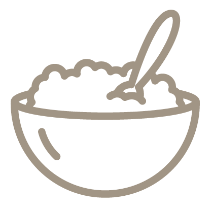 An outline style icon depicting a bowl of rice with a utensil handle sticking out of the rice